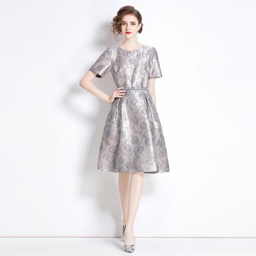 Polyester Waist-controlled One-piece Dress mid-long style & breathable printed floral gray PC