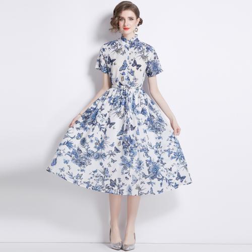 Polyester Waist-controlled & Soft One-piece Dress large hem design printed butterfly pattern blue PC