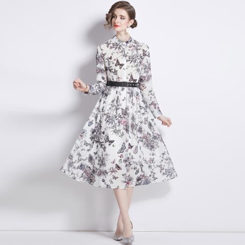 Polyester Waist-controlled One-piece Dress large hem design printed butterfly pattern white PC