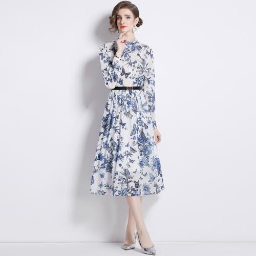 Polyester One-piece Dress large hem design & slimming & breathable printed butterfly pattern blue PC