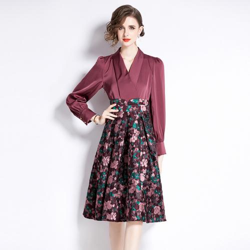 Polyester Waist-controlled One-piece Dress deep V & fake two piece printed floral fuschia PC