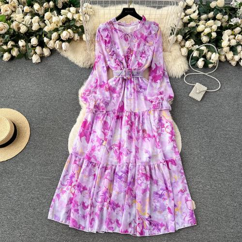 Polyester Slim & High Waist One-piece Dress printed floral : PC