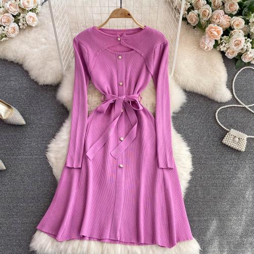 Polyester Waist-controlled & Slim One-piece Dress hollow knitted : PC