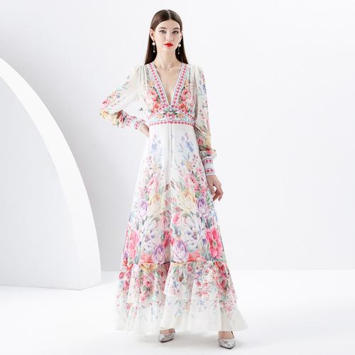 Polyester One-piece Dress large hem design & deep V & loose printed floral PC