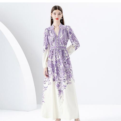 Polyester Soft & front slit One-piece Dress large hem design printed floral PC
