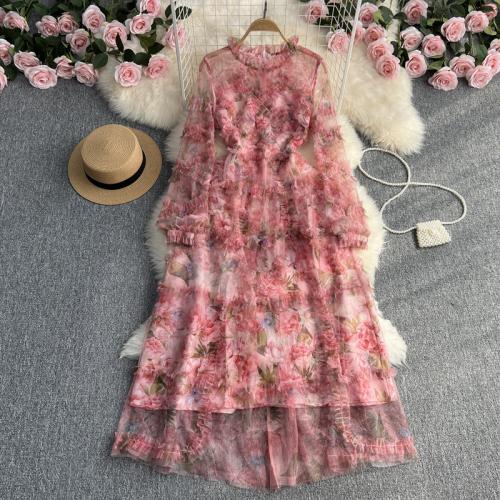 Gauze & Polyester One-piece Dress see through look & double layer & breathable printed shivering PC