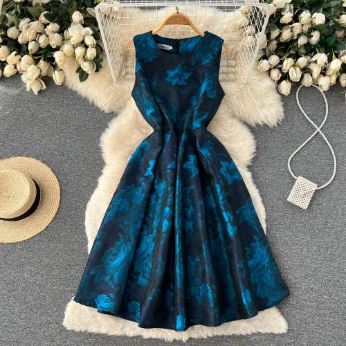 Polyester Waist-controlled & Soft One-piece Dress large hem design floral blue PC