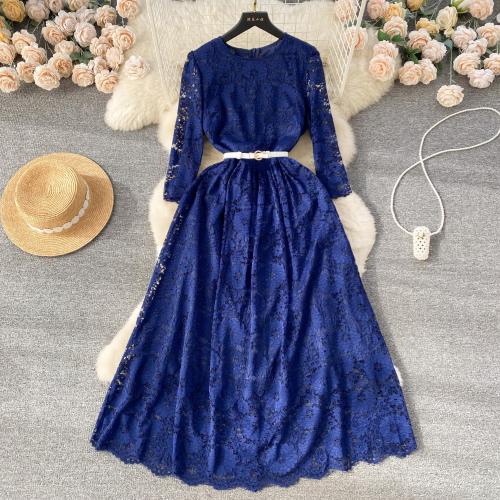 Lace & Polyester Waist-controlled One-piece Dress see through look & large hem design Solid PC