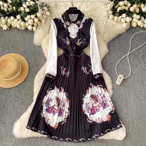 Polyester Waist-controlled & Soft & Pleated One-piece Dress printed black PC