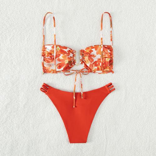 Polyester Bikini & two piece & hollow & breathable printed floral red Set