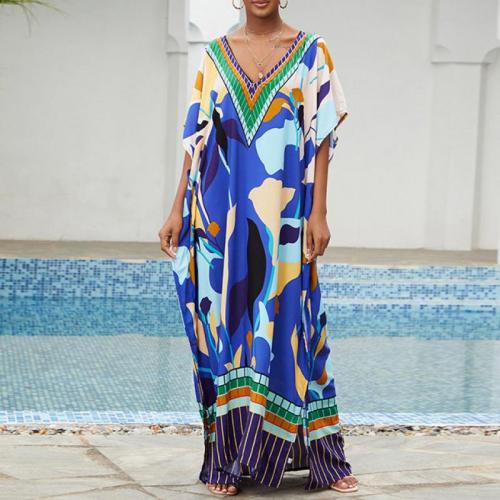Rayon Swimming Cover Ups slimming & side slit & loose printed blue : PC