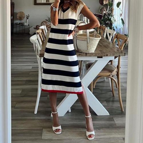 Polyester One-piece Dress side slit & loose patchwork striped PC