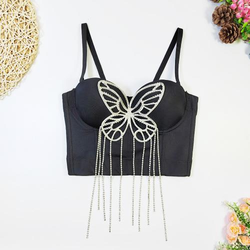 Polyester Slim Camisole midriff-baring butterfly pattern black PC