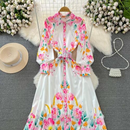 Polyester Waist-controlled & Slim One-piece Dress printed floral mixed colors PC