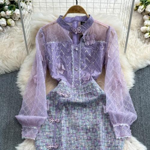 Polyester Waist-controlled One-piece Dress see through look patchwork purple PC