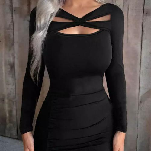 Polyester Slim Sexy Package Hip Dresses & hollow Solid black PC