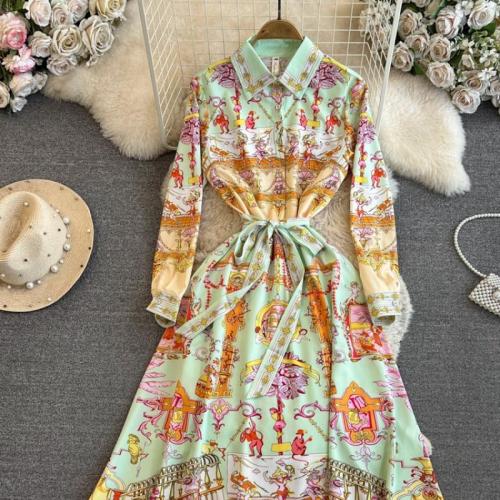 Polyester Waist-controlled One-piece Dress large hem design printed mixed colors PC