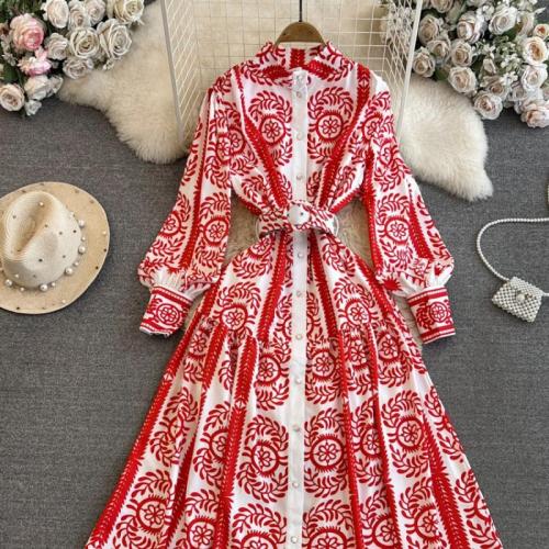 Polyester Waist-controlled & Slim One-piece Dress printed red and white PC