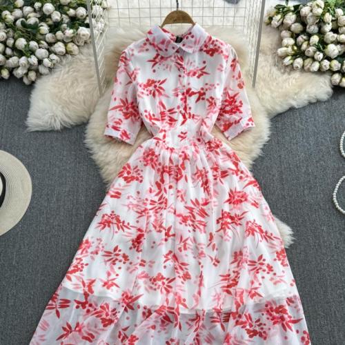 Polyester High Waist One-piece Dress printed leaf pattern red and white PC