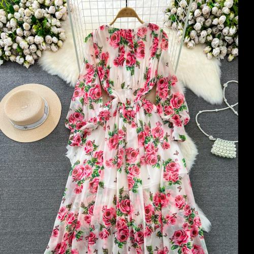 Polyester Slim & High Waist One-piece Dress printed floral red and white PC