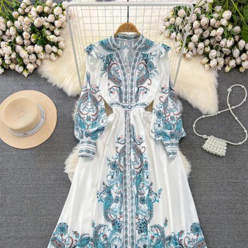 Polyester Slim & High Waist One-piece Dress printed blue and white PC