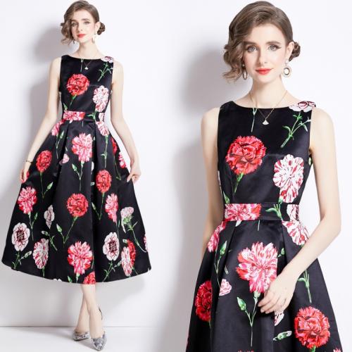Polyester Waist-controlled One-piece Dress printed floral black PC