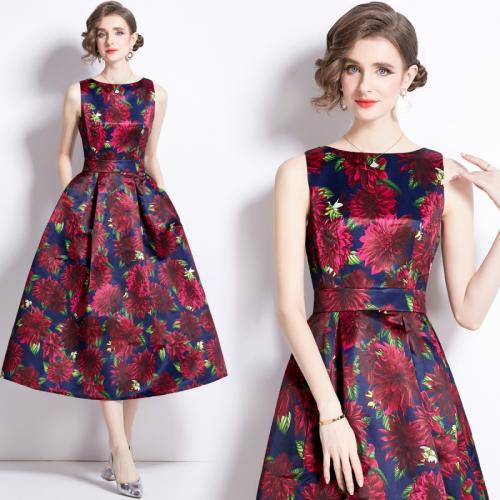 Polyester Waist-controlled One-piece Dress printed floral red PC