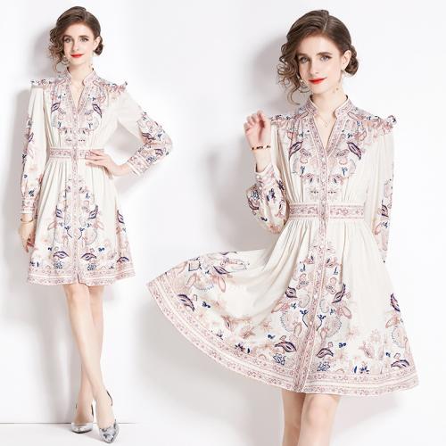 Polyester Slim One-piece Dress printed floral white PC
