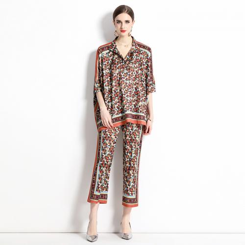 Polyester Wide Leg Trousers Women Casual Set & loose & breathable printed Set