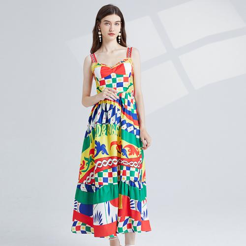 Polyester One-piece Dress backless & floor-length & breathable printed multi-colored PC