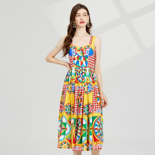 Polyester Soft One-piece Dress large hem design & backless printed multi-colored PC