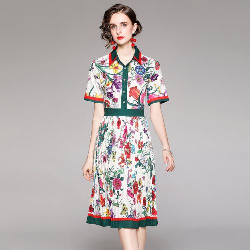 Polyester Waist-controlled One-piece Dress & loose & breathable printed floral white PC
