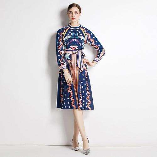 Polyester Waist-controlled & Soft One-piece Dress & loose printed blue PC