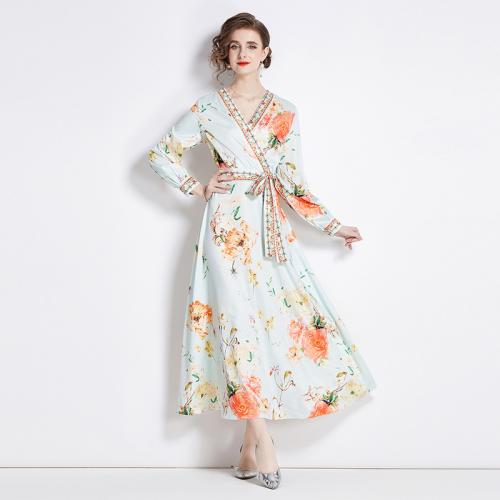 Polyester Soft & long style One-piece Dress deep V printed floral white PC