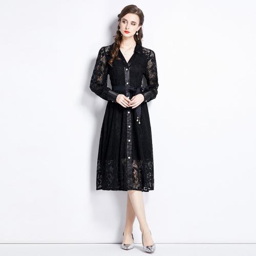 Lace & Polyester One-piece Dress see through look & double layer & breathable embroidered black PC