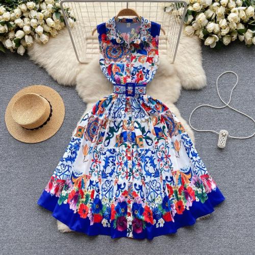 Polyester High Waist One-piece Dress & breathable blue PC