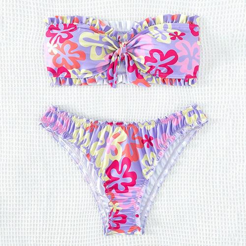 Polyester Bikini & two piece & off shoulder printed shivering pink Set