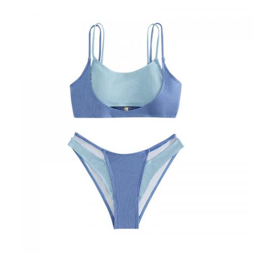 Polyester Tankinis Set & two piece & hollow & breathable Solid blue Set