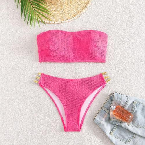 Polyester Tankinis Set & two piece & hollow & breathable Solid pink Set