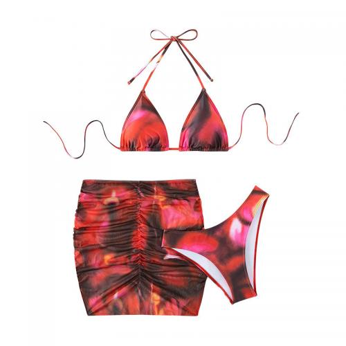 Polyester Bikini backless & three piece & breathable striped red Set