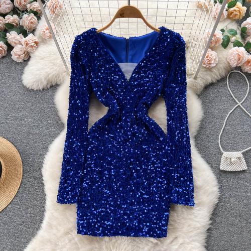 Sequin & Polyester Sexy Package Hip Dresses slimming & deep V Solid PC