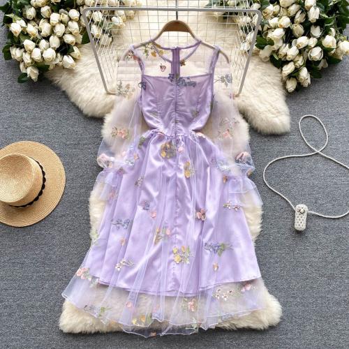 Polyester One-piece Dress see through look & double layer & breathable floral purple PC