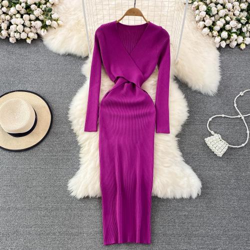 Polyester Waist-controlled Sexy Package Hip Dresses deep V & breathable knitted Solid : PC