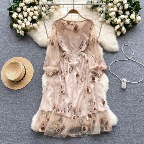 Polyester Soft One-piece Dress see through look & double layer embroidered floral Apricot PC