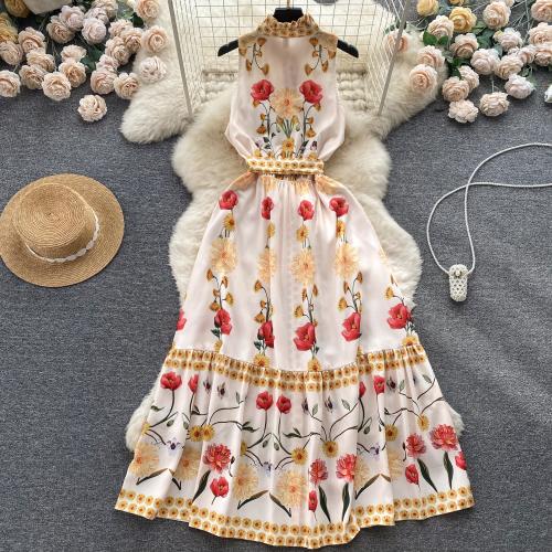 Polyester Waist-controlled One-piece Dress large hem design & off shoulder printed floral PC