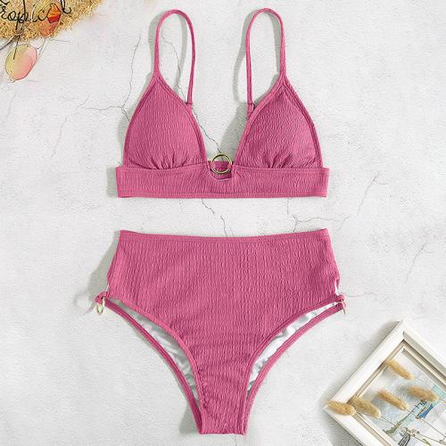 Polyester High Waist Bikini slimming & two piece Solid pink Set