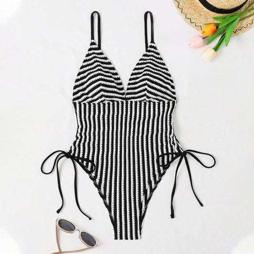 Polyester One-piece Swimsuit slimming & backless printed striped white and black PC
