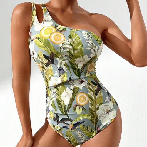 Spandex & Polyester One-piece Swimsuit slimming & backless & One Shoulder printed leaf pattern mixed colors PC