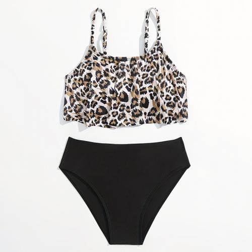 Polyamide & Polyester Girl Kids Two-piece Swimsuit & for girl printed leopard black Set