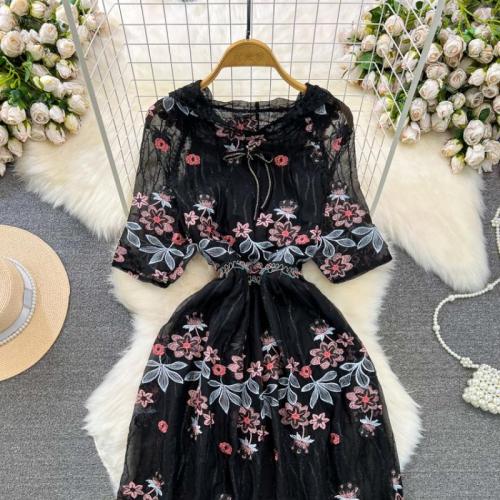 Polyester Waist-controlled One-piece Dress slimming embroidered floral black PC